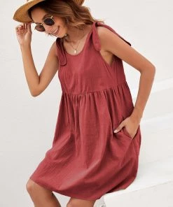 BBYS Tie-Bow Strap Side Pocket Linen Shift Dress - Brick New In Clothing