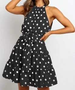 BBYS Polka Dot Tie-Waist Halter Dress - Navy