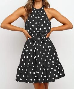 BBYS Polka Dot Tie-Waist Halter Dress - Navy