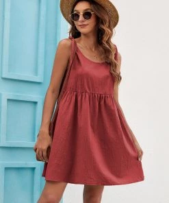 BBYS Tie-Bow Strap Side Pocket Linen Shift Dress - Brick New In Clothing