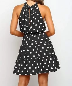 BBYS Polka Dot Tie-Waist Halter Dress - Navy