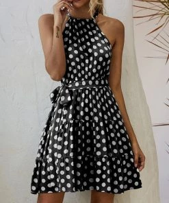 BBYS Polka Dot Tie-Waist Halter Dress - Navy