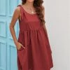 BBYS Tie-Bow Strap Side Pocket Linen Shift Dress - Brick New In Clothing