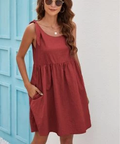 BBYS Tie-Bow Strap Side Pocket Linen Shift Dress - Brick New In Clothing