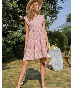 BBYS Plaid Flutter-Sleeve Dress - Pink New In Clothing