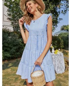 BBYS New In Clothing Plaid Flutter-Sleeve Dress - Blue