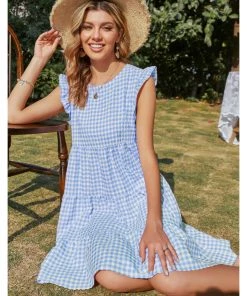 BBYS New In Clothing Plaid Flutter-Sleeve Dress - Blue