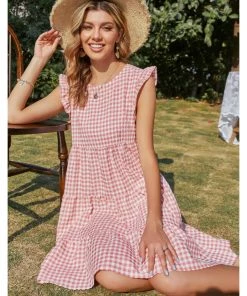 BBYS Plaid Flutter-Sleeve Dress - Pink New In Clothing