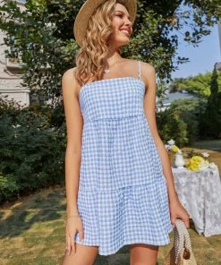 BBYS Plaid Cotton Blend Singlet Dress - Blue