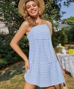 BBYS Plaid Cotton Blend Singlet Dress - Blue