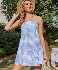 BBYS Plaid Cotton Blend Singlet Dress - Blue