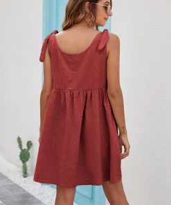 BBYS Tie-Bow Strap Side Pocket Linen Shift Dress - Brick New In Clothing