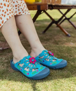 NEW ARRIVALS SOFFIA | Turquoise Floral-Applique Cutout Leather Sandal