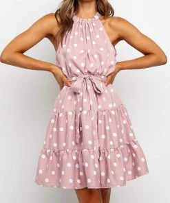 BBYS Polka Dot Tie-Waist Halter Dress - Pink