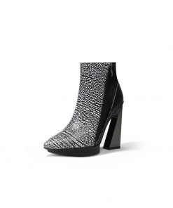 Jady Rose New In Shoes JadyRose | Black White Flakes Block Heel Zip Genuine Leather Boot