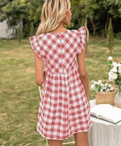 YBL New In Clothing Smaibulun | V-Neck Plaid Ruffle Sleeveless Mini Dress