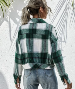 YBL Smaibulun | Green & White Plaid Snap Button-Up Short Jacket New In Clothing 9 YBL Smaibulun | Green & White Plaid Snap Button-Up Short Jacket New In Clothing