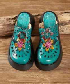 JF SOFFIA | GEOMETRY PERFORATED TEAL LEATHER MULE