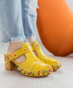 SOFFIA | FLORAL EMBOSSED YELLOW GENUINE LEATHER CLOG NEW ARRIVALS