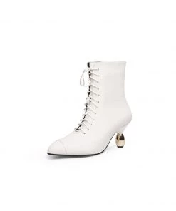 Jady Rose JadyRose | Genuine Leather Golden Drop Heeled White Bootie Ankle Boots