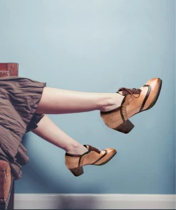 New In Shoes SOFFIA | Genuine Leather Inspired Floral Embossed Adele Mid Heel Oxford Shoes - Beige