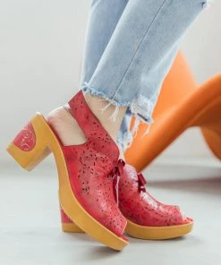 NEW ARRIVALS SOFFIA | RED FLORAL PERFORATED GENUINE LEATHER SANDAL