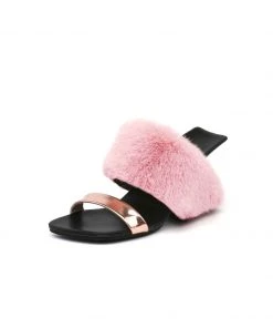 Jady Rose JadyRose | Faux Fur Strap Leather Wedge Sandal - Baby Pink