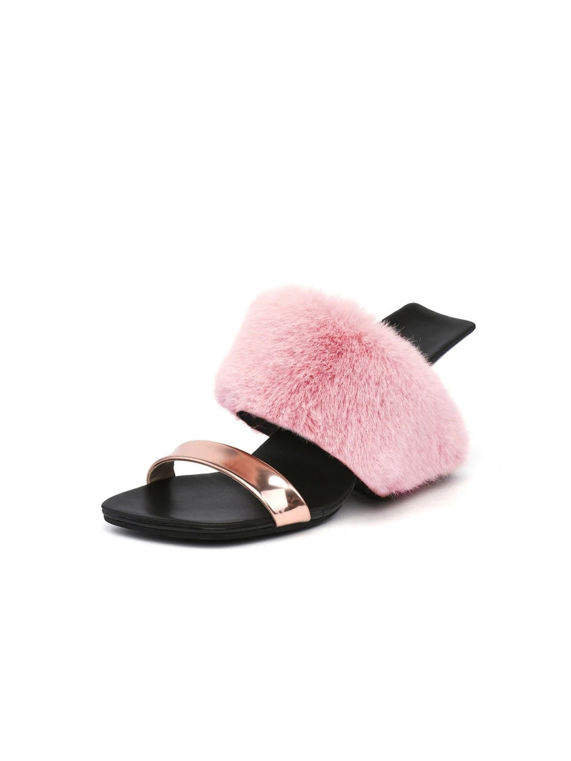 Jady Rose JadyRose | Faux Fur Strap Leather Wedge Sandal - Baby Pink 2 Jady Rose JadyRose | Faux Fur Strap Leather Wedge Sandal - Baby Pink