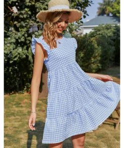 BBYS New In Clothing Plaid Flutter-Sleeve Dress - Blue