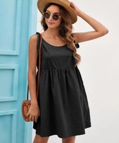 BBYS New In Clothing Tie-Bow Strap Side Pocket Linen Shift Dress - Black 8 BBYS New In Clothing Tie-Bow Strap Side Pocket Linen Shift Dress - Black