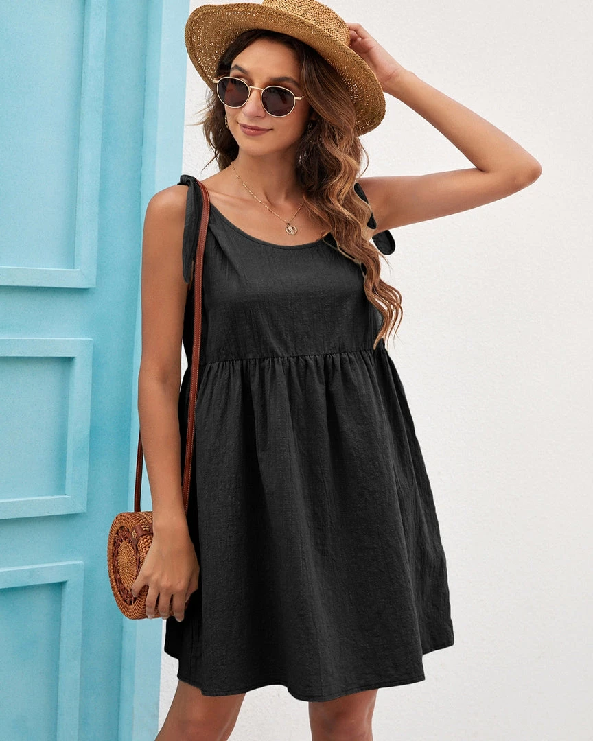BBYS New In Clothing Tie-Bow Strap Side Pocket Linen Shift Dress - Black 4 BBYS New In Clothing Tie-Bow Strap Side Pocket Linen Shift Dress - Black