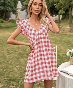 YBL New In Clothing Smaibulun | V-Neck Plaid Ruffle Sleeveless Mini Dress