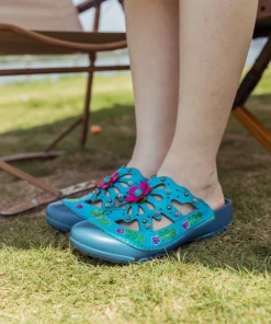 NEW ARRIVALS SOFFIA | Turquoise Floral-Applique Cutout Leather Sandal