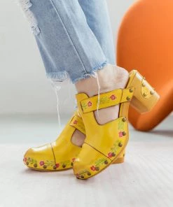 SOFFIA | FLORAL EMBOSSED YELLOW GENUINE LEATHER CLOG NEW ARRIVALS