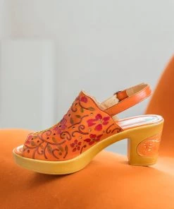 SOFFIA | ORANGE FLORAL EMBOSSED PERFORATED LEATHER SANDAL