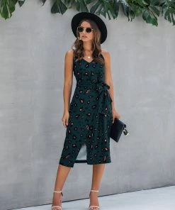 BBYS Leopard Tie-Waist Midi V-Neck Dress - Green