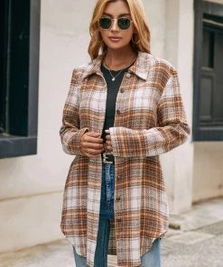 YBL Smaibulun | Gingham Button-Up Shirt Jacket - Brown