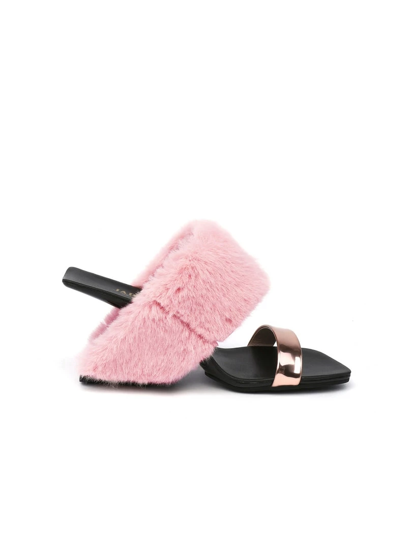 Jady Rose JadyRose | Faux Fur Strap Leather Wedge Sandal - Baby Pink 5 Jady Rose JadyRose | Faux Fur Strap Leather Wedge Sandal - Baby Pink