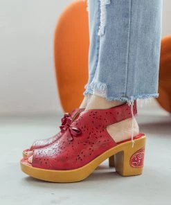 NEW ARRIVALS SOFFIA | RED FLORAL PERFORATED GENUINE LEATHER SANDAL