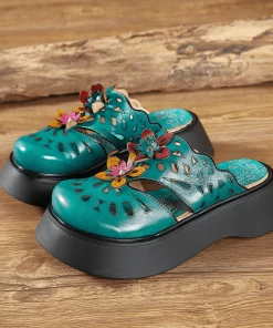 JF SOFFIA | GEOMETRY PERFORATED TEAL LEATHER MULE