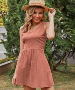 BBYS Pocket Sleeveless Linen Open Back Dress - Brick New In Clothing