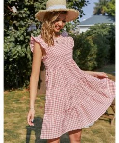 BBYS Plaid Flutter-Sleeve Dress - Pink New In Clothing