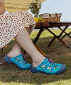 NEW ARRIVALS SOFFIA | Turquoise Floral-Applique Cutout Leather Sandal