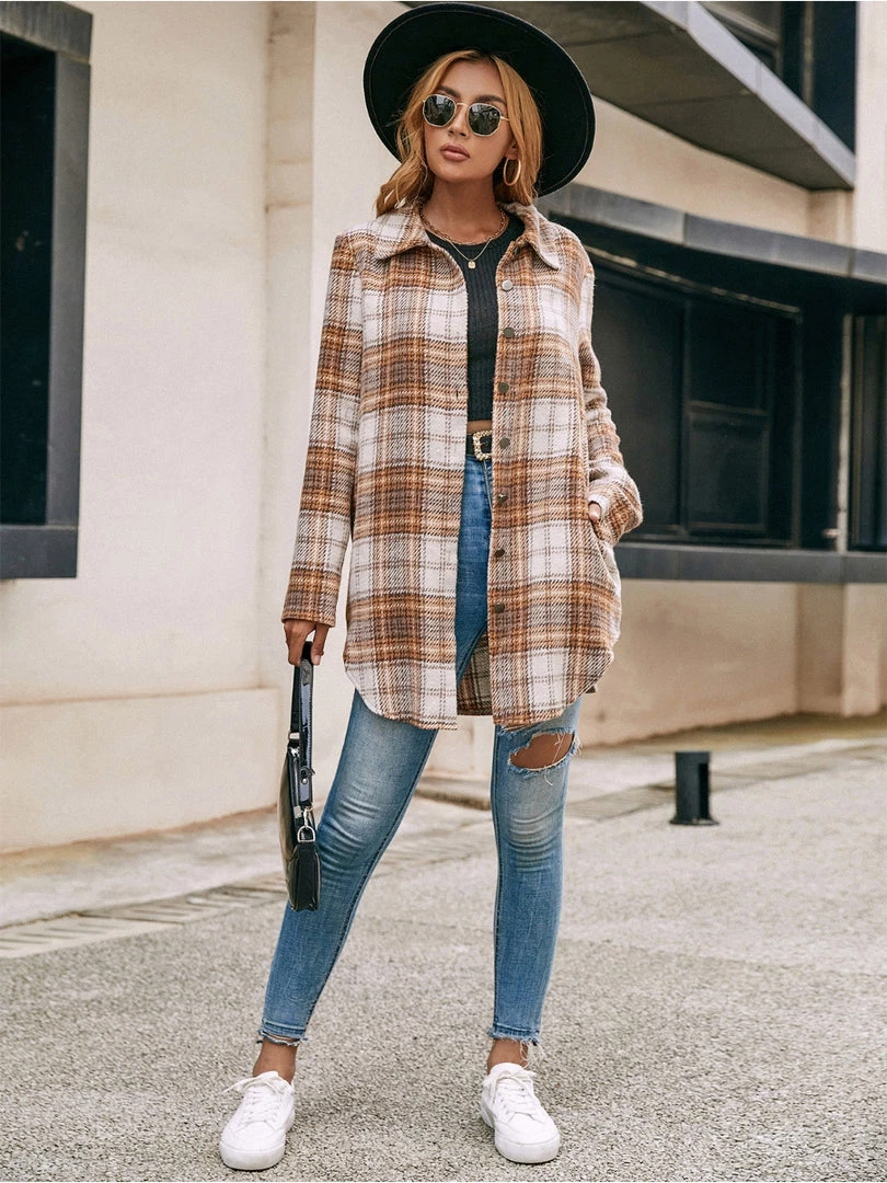 YBL Smaibulun | Gingham Button-Up Shirt Jacket - Brown 4 YBL Smaibulun | Gingham Button-Up Shirt Jacket - Brown