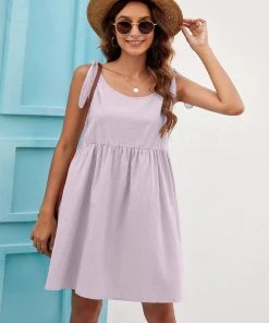 BBYS New In Clothing Tie-Bow Strap Side Pocket Linen Shift Dress - Mauve