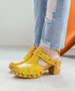 SOFFIA | FLORAL EMBOSSED YELLOW GENUINE LEATHER CLOG NEW ARRIVALS