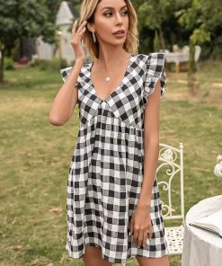 YBL New In Clothing Smaibulun | V-Neck Plaid Ruffle Sleeveless Mini Dress