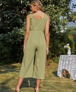 BBYS Tie-Bow Strap Sleeveless Linen Jumpsuit - Green