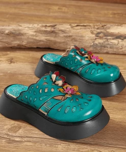 JF SOFFIA | GEOMETRY PERFORATED TEAL LEATHER MULE