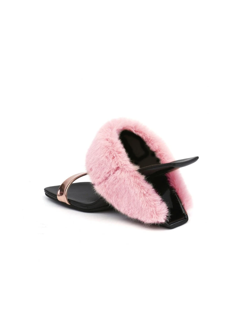 Jady Rose JadyRose | Faux Fur Strap Leather Wedge Sandal - Baby Pink 6 Jady Rose JadyRose | Faux Fur Strap Leather Wedge Sandal - Baby Pink
